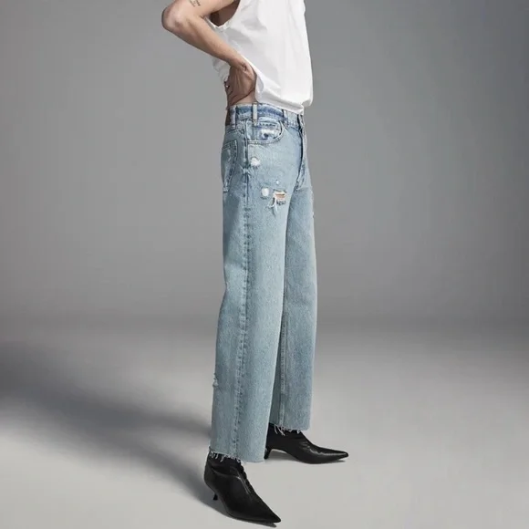 Anine Bing Gavin Jeans Relaxed Women's Size 26 Straight Leg Distressed Blue - Picture 3 of 14